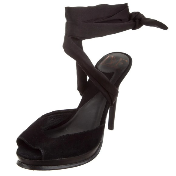 DIANE FURSTENBERG DESIGNER BLACK WRAP ANKLE HIGH HEEL SANDALS 8.M - Picture 3 of 8